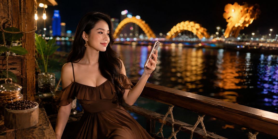 Người dùng xem câu hỏi hỗ trợ trên điện thoại tại quán cà phê Đà Nẵng